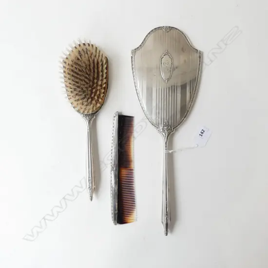 STERLING SILVER HAIR BRUSH, COMB & HAND MIRROR H.350mm FAULTS
