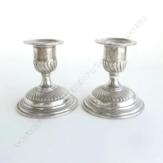 PR VICTORIAN SILVER SHORT COLUMN CANDLESTICKS London 1885 weighted bases 472gms