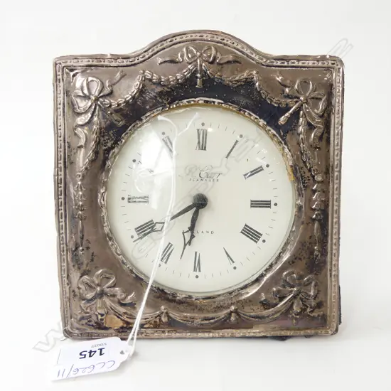 CLOCK w. STG SILVER FRAME, SHEFFIELD 2000 150x140mm FAULTS