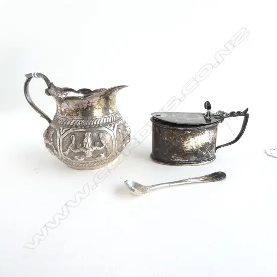 SILVER LIDDED MUSTARD POT & SPOON 60gms silver + INDIAN SILVER? CREAM JUG