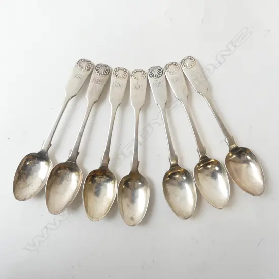 SET 7 VICTORIAN SILVER TEASPOONS Fiddle & Shell pattern 160gms