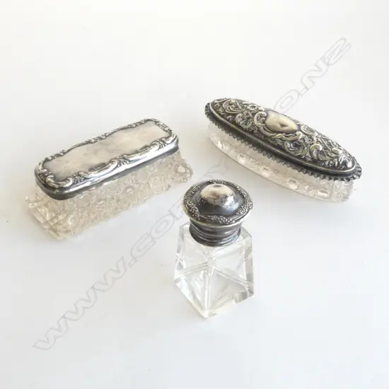 3 early 20thC SILVER TOPPED VANITY JARS / BOXES