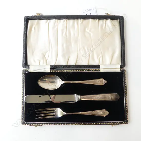 3 PCE STG SILVER CHILDS CUTLERY SET, CASED