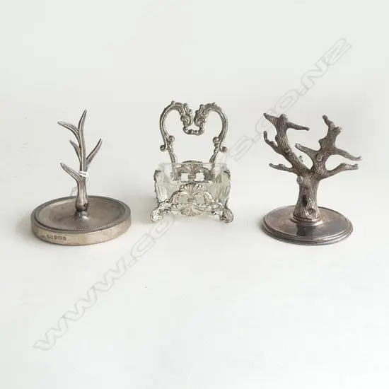 SILVER RING TREE Birmingham 1903 + silver plate ring tree + French plated & glass vanity dish