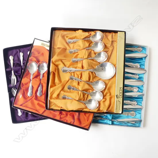 FOUR BOXES RODD CAMILLE CUTLERY 36PC’S – FISH SET, SWEET SPOONS, CAKE FORKS, T/SPNS