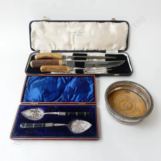 OSP WINE COASTER, PR EP SPOONS & 3 PCE CARVING SET, BOTH CASED