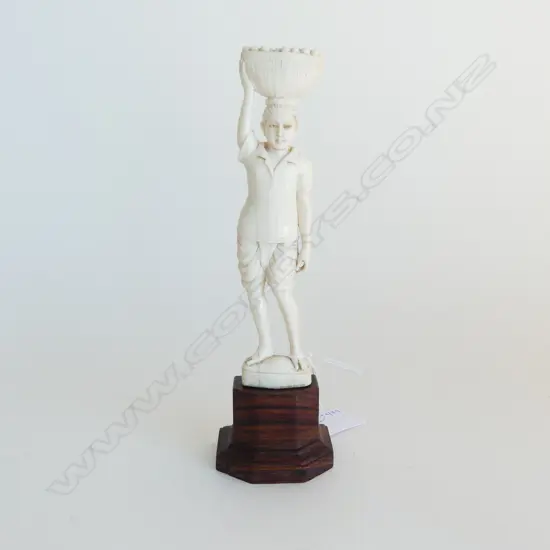 BURMESE IVORY FIGURE WITH BASKET OF FRUIT ON HEAD H190MM