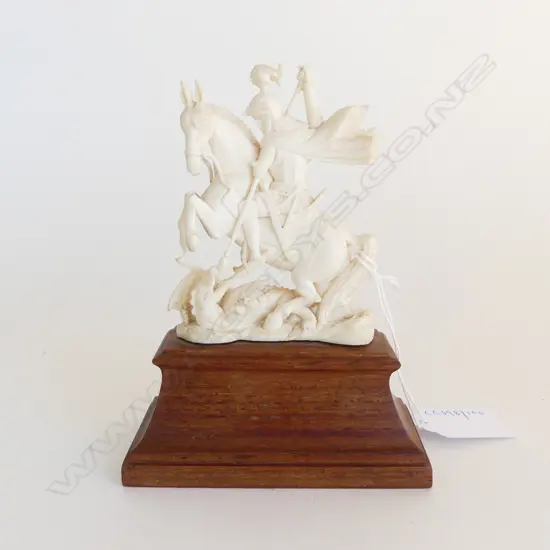 IVORY CARVED FIGURE GEORGE & THE DRAGON ON STAND H130MM
