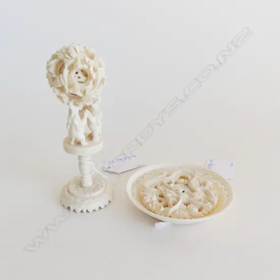 CHINESE IVORY CARVED BALL ON ELEPANT STAND H110 & CARVED IVORY DRAGON DISH DIA 80MM