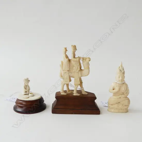 3 CARVED INDIAN IVORY PCS  CAMEL ON STAND H100MM  BUDDHA H80MM & SNAKE CHARMER ON STAND H50MM