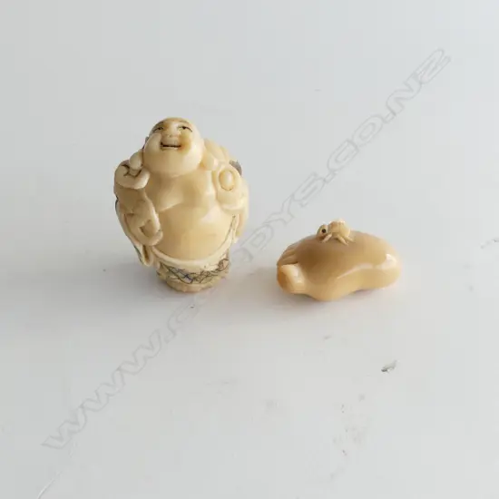 2 VEGTABLE IVORY NETSUKE  HOTEI  H60MM & FOOT WITH FLY L45MM
