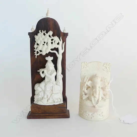 2 IVORY CARVED PCS GANESH H100MM & SHIVA PLAYING  FLUTE H190MM