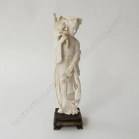 CHINESE IVORY FIGURE WITH FLOWERS ON STAND H230MM