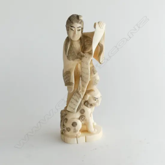 JAPANESE MARINE IVORY  FIGURE STANDING ON FOO DOG H185MM