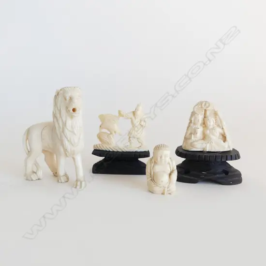 4 SMALL CARVED IVORY PCS LION H80MM  CHINESE MAN & BIRD ON STAND H60MM  INDIAN COUPLE ON STAND H60MM & BUDDA H35MM