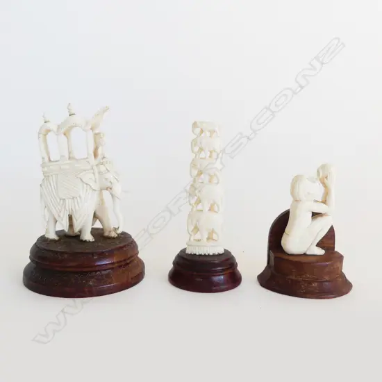 3 SMALL IVORY CARVINGS ON STANDS ELEPHANTS & MAN DRINKING H100MM TALLEST