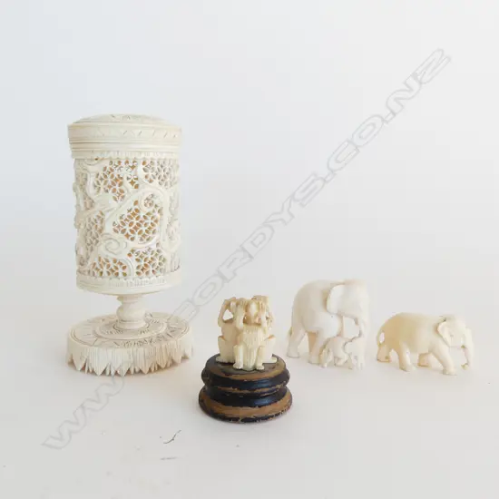 CARVED CHINESE  LIDDED JAR NO KNOB H120MM 2 IVORY ELEPHANTS  & MONKEY ORN 