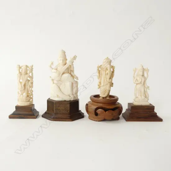 4 SMALL INDIAN GODDESS IVORY CARVINGS ON STANDS 80MM TALLEST