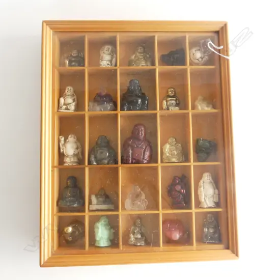 COLLECTION OF 25  HOTEI & BUDDHA IN WOODEN GLASSED CASE, 390 x 300mm
