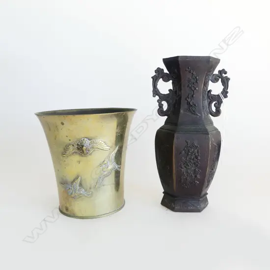 CHINESE BRONZE VASE H220MM & ORIENTAL BRASS STORK VASE H140MM