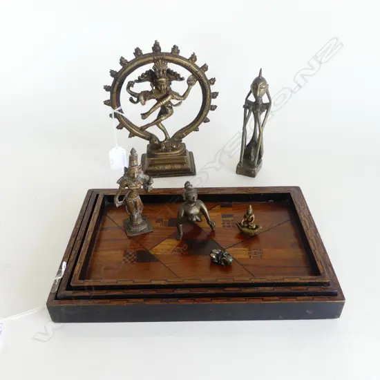 3 JAPANESE INLAID TRAYS L270MM & 6 EASTERN BRONZES  180MM TALLEST