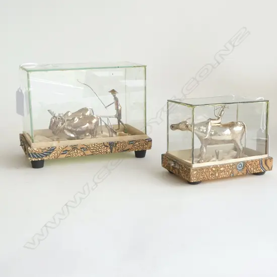 2 EASTERN SILVER BUFFALO & FIGURE SCULPTURES in glass cases