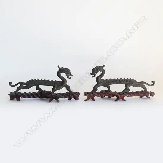 PR OF CHINESE BRONZE DRAGONS ON CARVED WOOD STANDS L330MM