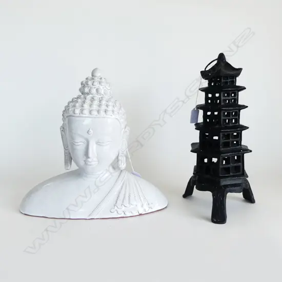 POTTERY BUDDHA BUST H300MM & CAST IRON PAGODA INCENSE BURNER H320MM