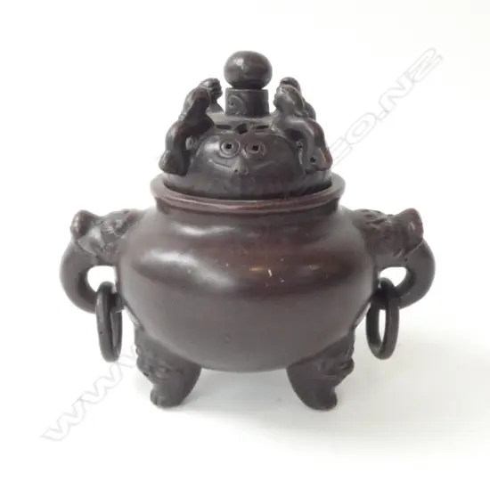 CHINESE TERRACOTTA BROWN GLAZED ( as bronze) LIDDED INCENSE BURNER w shishi. H.175mm