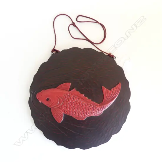 QUALITY ORIENTAL RED LACQUER CARP on circular wall plaque as water. Dia.290mm 