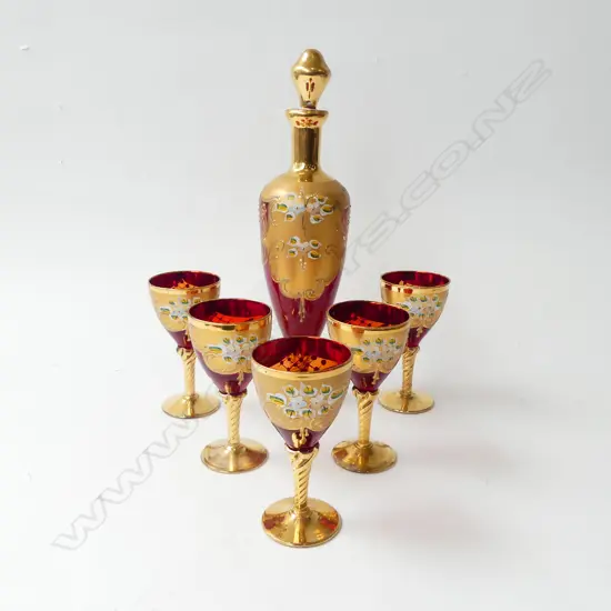 RED & GOLD MURANO GLASS DECANTER H.350mm & 5 GLASSES