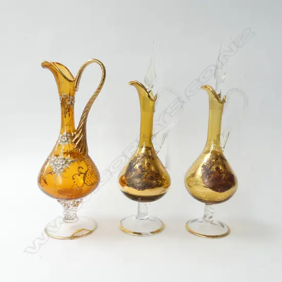 3 AMBER MURANO GLASS DECANTERS (1 w. BASE AF) H.390mm
