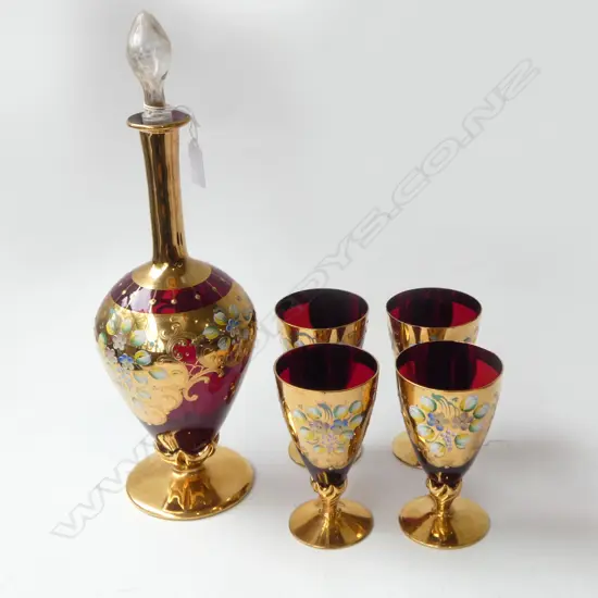 RED & GOLD MURANO DECANTER H.400mm + 4 GLASSES