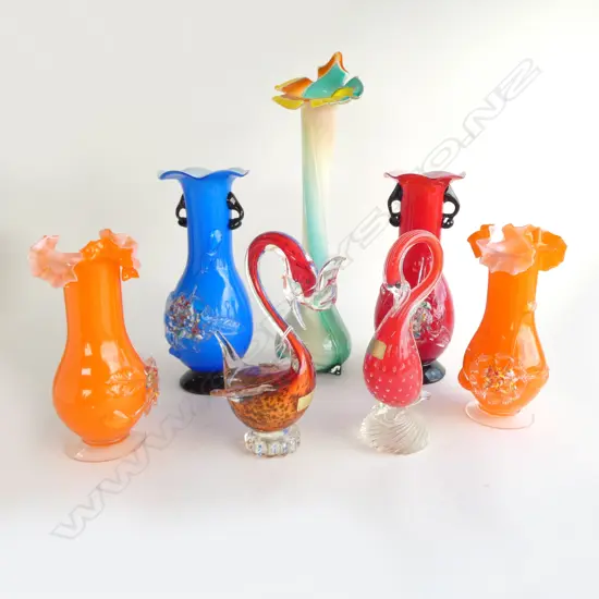 7 PCES MURANO GLASS; 5 VASES H.385mm + 2 BIRDS