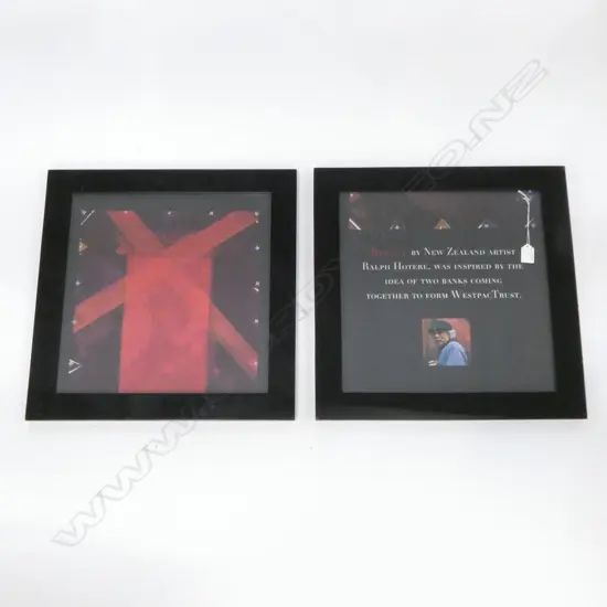 FRAMED RALPH HOTERE REPRODUCTION PRINT, 1 'RED X2' INFO POSTER, 385x385mm