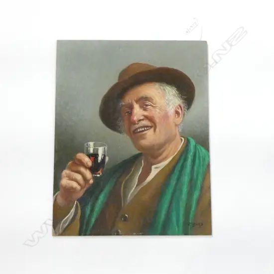 E. BARO, UNTITILED (MAN DRINKING WINE), OIL ON BOARD, 350x270mm