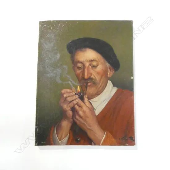 LEON NOIREAUT (FRENCH 1890-1960), UNTITLED (MAN LIGHTING A PIPE) OIL ON CANVAS, 350x270mm 