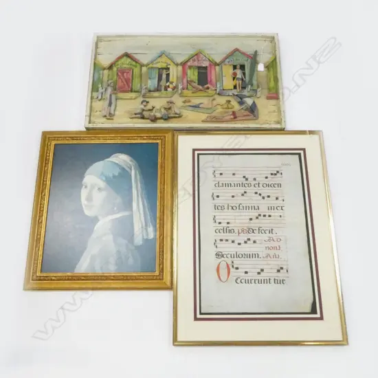 MIXED MEDIA BOAT SHED SCENE, 'GIRL W. PEARL EARING' (FADED) & OTHER FRAMED  580x370mm