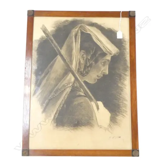 VINTAGE DRAWING OF A YOUNG ITALIAN WOMAN DATED 1900 440X590MM