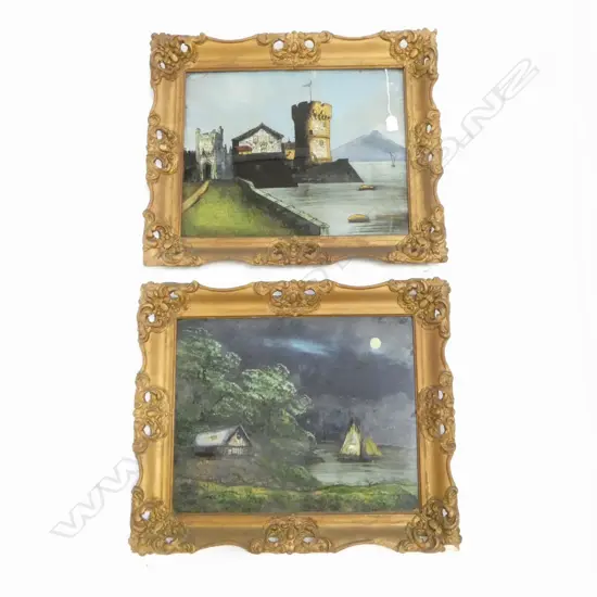 PR REVERSE PAINTED LANDSCAPES ON GLASS; 'CASTLE ON THE SIENE', NIGHT SCENE 395x495mm