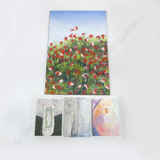 2 ITEMS INDISTINCTLY SIGNED, POPPY FIELD ACRYLIC ON CANVAS 910x600mm, & PRINT