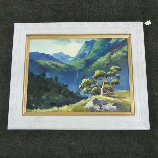 RUSSELL HOLLINGS, A VALLEY IN FIORDLAND, OIL ON BOARD, 445x590mm