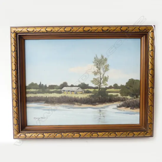 MARGE MARTIN OIL PAINTING HAYBARN & ESTUARY 220 X 290mm