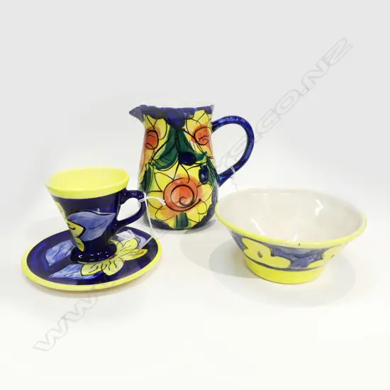CHRISTINE HARRIS CUP & SAUCER, NZ POTTERY JUG & OTHER H.170mm