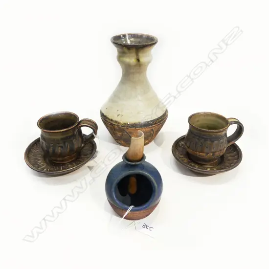 ASST NZ POTTERY; KATH MASON SALT PIG, JANET WRIGHT VASE w. PR CUPS & SAUCERS (CUPS MARKED), H.200mm