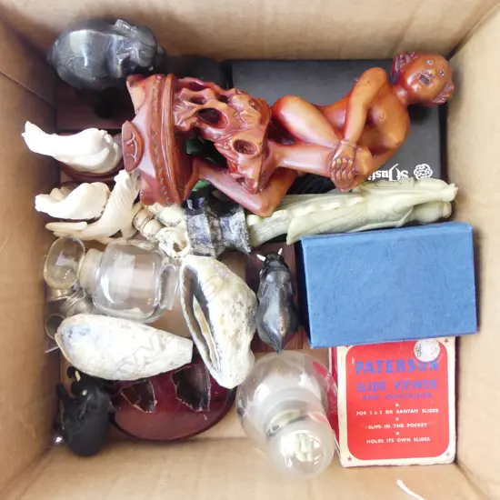 SMALL BOX  COLLECTABLES NETSUKE BONE CARVINGS  STONE OBJECTS ETC
