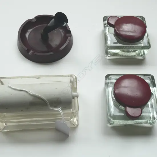 VINTAGE PAIR INKWELLS, BAKELITE PEN STAND, & STAMP ROLLER 