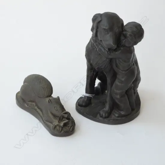 2 BRONZED RESIN FIGURINES; BOY w. DOG H.150mm & SQUIRREL SIGNED FISHER L.125mm
