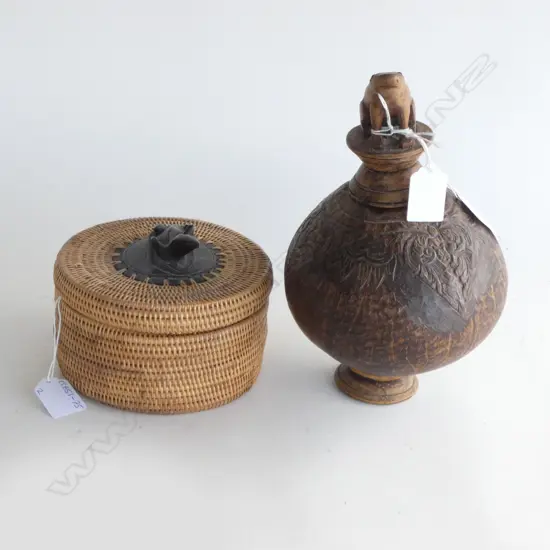 CARVED FOOTED GOURD w. A CARVED FROG STOPPER & OTHER BASKET