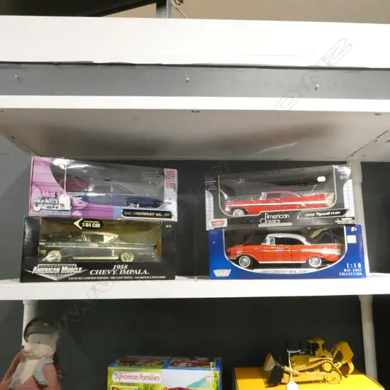 4 BOXED 1:18 MODEL CARS; 3 1960s CHEVYS + 58 PLYMOUTH FURY
